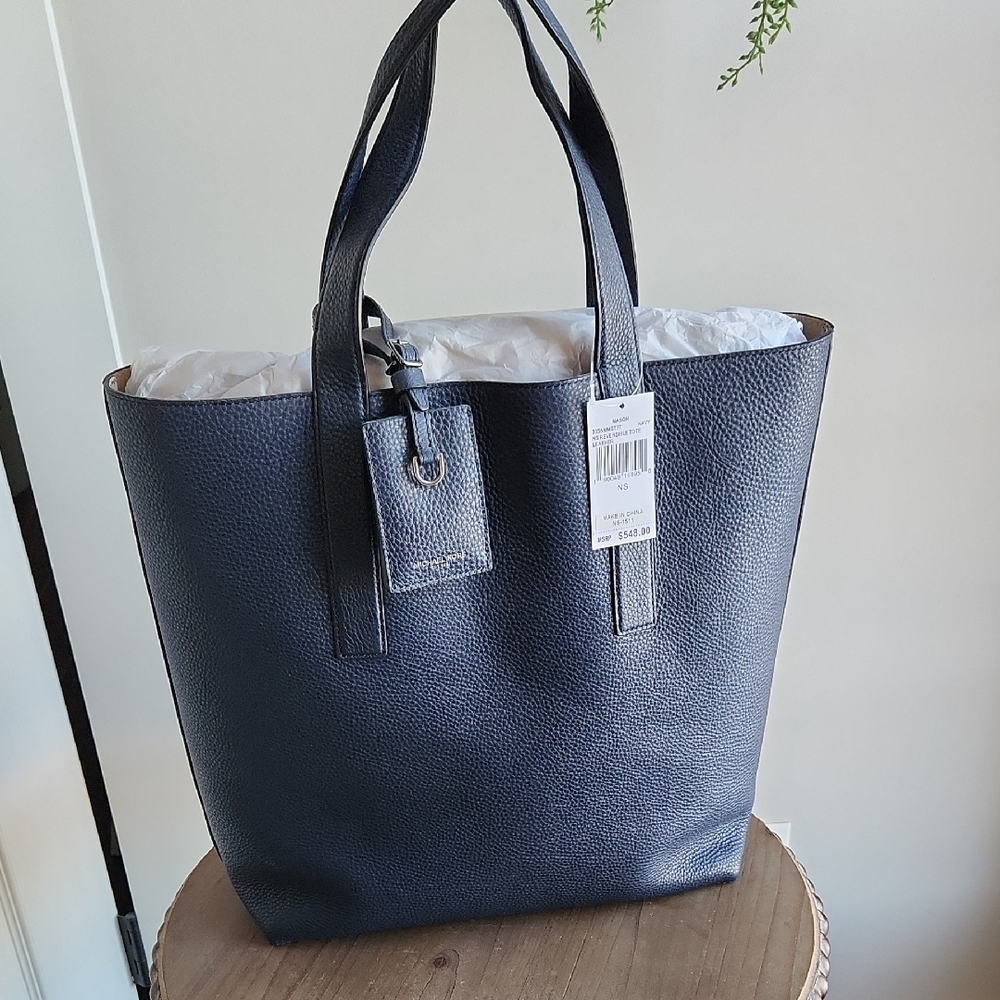 NWT Michael Kors Navy Textured Leather Tote...reversible...tan Inside